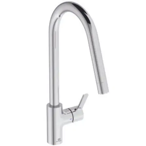 Küchenarmatur von Ideal Standard, ausgestattet mit einem flexiblen, hochgezogenen Auslauf und einer einfachen Bedienung über einen Hebel. Oberfläche in Chrom.